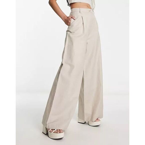 ASOS Design Curve Womens Pleated Front Cotton Blended Wide Leg Stone Pants Sz 18 - Picture 1 of 14